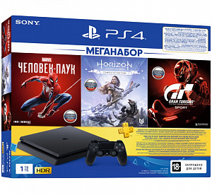 

Sony PlayStation 4 Slim 1 TB (CUH-2208B) + Marvel Человек-Паук + Horizon Zero Dawn. Complete Edition + Gran Turismo Sport + подписка PlayStation Plus на 3 мес.