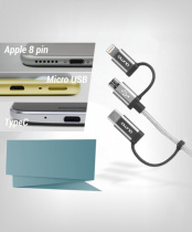 Qumo MFI кабель c разъемом Apple 8 pin+Type C+Micro USB, 1м, PVC, стальные коннекторы